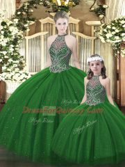 Beauteous Halter Top Sleeveless Lace Up Sweet 16 Dresses Dark Green Tulle