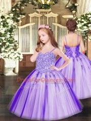 Hot Sale Floor Length Lavender Kids Pageant Dress Tulle Sleeveless Appliques