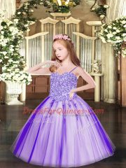 Hot Sale Floor Length Lavender Kids Pageant Dress Tulle Sleeveless Appliques
