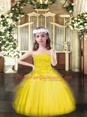 Admirable Yellow Ball Gowns Tulle Spaghetti Straps Sleeveless Beading and Ruffles Floor Length Lace Up Little Girl Pageant Dress