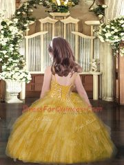 Admirable Yellow Ball Gowns Tulle Spaghetti Straps Sleeveless Beading and Ruffles Floor Length Lace Up Little Girl Pageant Dress