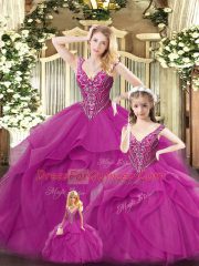 Modern Fuchsia Quinceanera Dress Military Ball and Sweet 16 and Quinceanera with Beading and Ruffles Straps Sleeveless Lace Up