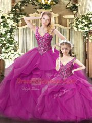 Modern Fuchsia Quinceanera Dress Military Ball and Sweet 16 and Quinceanera with Beading and Ruffles Straps Sleeveless Lace Up