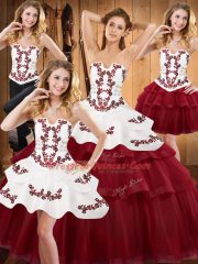 Captivating Burgundy Ball Gowns Strapless Sleeveless Satin and Organza With Train Lace Up Embroidery and Ruffled Layers Quinceanera Dresses