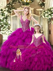 Customized Sleeveless Lace Up Floor Length Beading and Ruffles Sweet 16 Dress