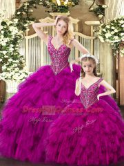 Customized Sleeveless Lace Up Floor Length Beading and Ruffles Sweet 16 Dress