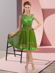 Olive Green Chiffon Backless Scoop Sleeveless Knee Length Appliques