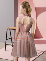 Knee Length Pink Dama Dress High-neck Sleeveless Lace Up