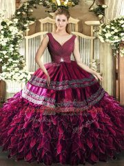 Graceful Burgundy Ball Gowns V-neck Sleeveless Organza Floor Length Backless Beading and Ruffles Quinceanera Dress