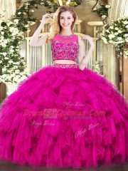 Lovely Scoop Sleeveless Quince Ball Gowns Floor Length Beading and Ruffles Fuchsia Tulle