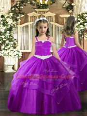 Floor Length Ball Gowns Sleeveless Purple Little Girl Pageant Dress Lace Up