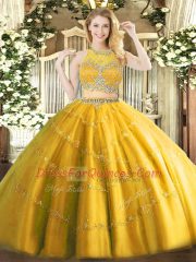 Pretty Gold Sleeveless Beading Floor Length Quince Ball Gowns