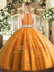 Pretty Gold Sleeveless Beading Floor Length Quince Ball Gowns