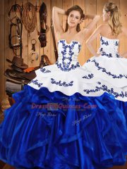 Blue Satin and Organza Lace Up Quinceanera Dresses Sleeveless Floor Length Embroidery and Ruffles