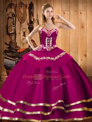 Hot Sale Sweetheart Sleeveless Sweet 16 Quinceanera Dress Floor Length Embroidery Fuchsia Organza
