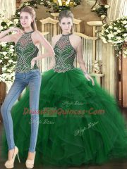 Floor Length Dark Green 15 Quinceanera Dress High-neck Sleeveless Lace Up