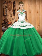 Colorful Satin and Tulle Halter Top Sleeveless Lace Up Embroidery 15 Quinceanera Dress in Green