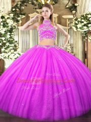 Elegant Lilac Two Pieces High-neck Sleeveless Tulle Floor Length Backless Beading Ball Gown Prom Dress
