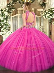Elegant Lilac Two Pieces High-neck Sleeveless Tulle Floor Length Backless Beading Ball Gown Prom Dress