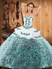 Hot Sale Satin and Fabric With Rolling Flowers Strapless Sleeveless Sweep Train Lace Up Embroidery Ball Gown Prom Dress in Multi-color