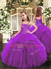 Purple Lace Up Little Girls Pageant Gowns Beading and Ruffles Sleeveless Floor Length