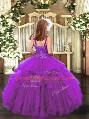 Purple Lace Up Little Girls Pageant Gowns Beading and Ruffles Sleeveless Floor Length