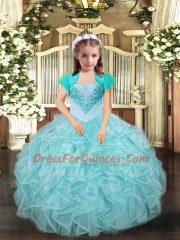 Discount Aqua Blue and Apple Green Organza Lace Up Kids Formal Wear Sleeveless Floor Length Beading and Ruffles