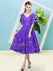 Tea Length Purple Quinceanera Dama Dress Lace Half Sleeves Bowknot