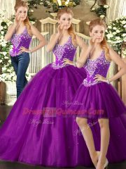 Inexpensive Purple Sleeveless Tulle Lace Up Quinceanera Gown for Military Ball and Sweet 16 and Quinceanera