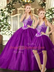 Inexpensive Purple Sleeveless Tulle Lace Up Quinceanera Gown for Military Ball and Sweet 16 and Quinceanera