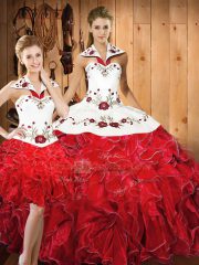 Graceful Sleeveless Floor Length Embroidery and Ruffles Lace Up Sweet 16 Dress with White And Red