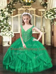 Turquoise Tulle Lace Up Pageant Gowns For Girls Sleeveless Floor Length Beading and Ruffles