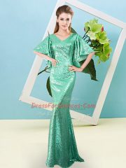 Luxurious V-neck Half Sleeves Sequined Prom Dress Sequins Zipper