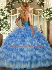 Fashionable Blue Ball Gowns V-neck Sleeveless Organza Floor Length Backless Beading and Ruffled Layers Quinceanera Dresses