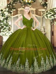 Olive Green Backless Quinceanera Gowns Beading and Lace and Appliques Sleeveless Floor Length