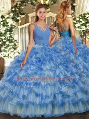Blue Sleeveless Floor Length Ruffled Layers Backless 15th Birthday Dress