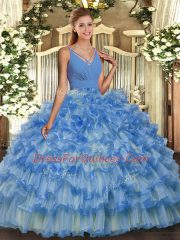 Blue Sleeveless Floor Length Ruffled Layers Backless 15th Birthday Dress