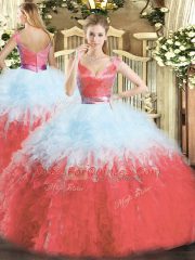 Modern V-neck Sleeveless Organza Sweet 16 Dress Ruffles Zipper