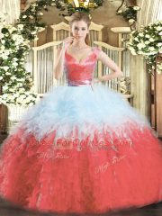 Modern V-neck Sleeveless Organza Sweet 16 Dress Ruffles Zipper