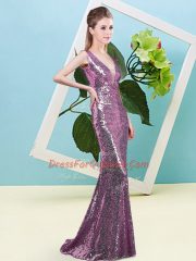 Lilac V-neck Neckline Sequins Evening Dress Sleeveless Zipper