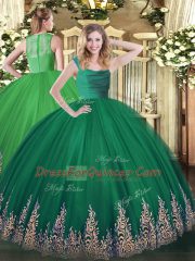 Deluxe Dark Green Zipper Straps Lace and Appliques 15 Quinceanera Dress Tulle Sleeveless