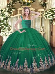 Deluxe Dark Green Zipper Straps Lace and Appliques 15 Quinceanera Dress Tulle Sleeveless