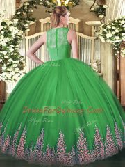 Deluxe Dark Green Zipper Straps Lace and Appliques 15 Quinceanera Dress Tulle Sleeveless