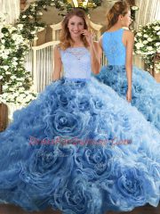 Baby Blue Zipper Scoop Beading and Ruffles Sweet 16 Dress Fabric With Rolling Flowers Sleeveless