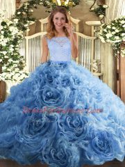 Baby Blue Zipper Scoop Beading and Ruffles Sweet 16 Dress Fabric With Rolling Flowers Sleeveless