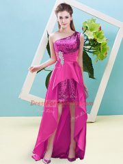 Elastic Woven Satin and Sequined One Shoulder Sleeveless Lace Up Beading and Sequins in Fuchsia