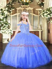 Tulle Off The Shoulder Sleeveless Lace Up Beading Little Girls Pageant Dress in Blue