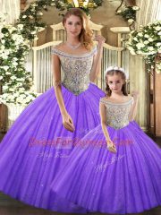 Eggplant Purple Sleeveless Tulle Lace Up Quinceanera Gowns for Military Ball and Sweet 16 and Quinceanera