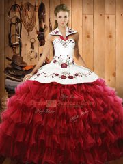 Dynamic Wine Red Sleeveless Satin and Organza Lace Up Vestidos de Quinceanera for Military Ball and Sweet 16 and Quinceanera