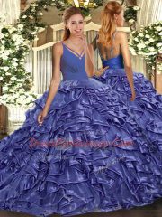 Deluxe Lavender Backless V-neck Beading and Ruffles Sweet 16 Dresses Taffeta Sleeveless
